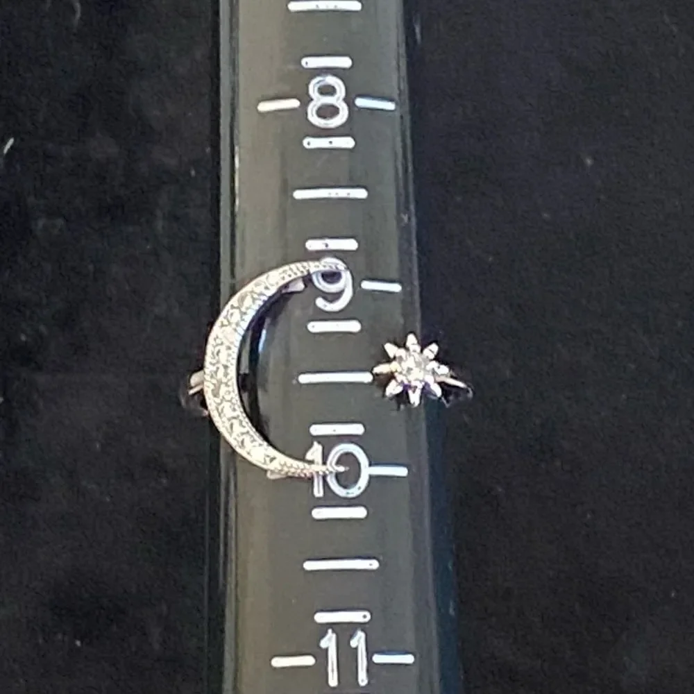 Celestial Crescent Moon Star Silver Tone Crystal Adjustable Ring NWT